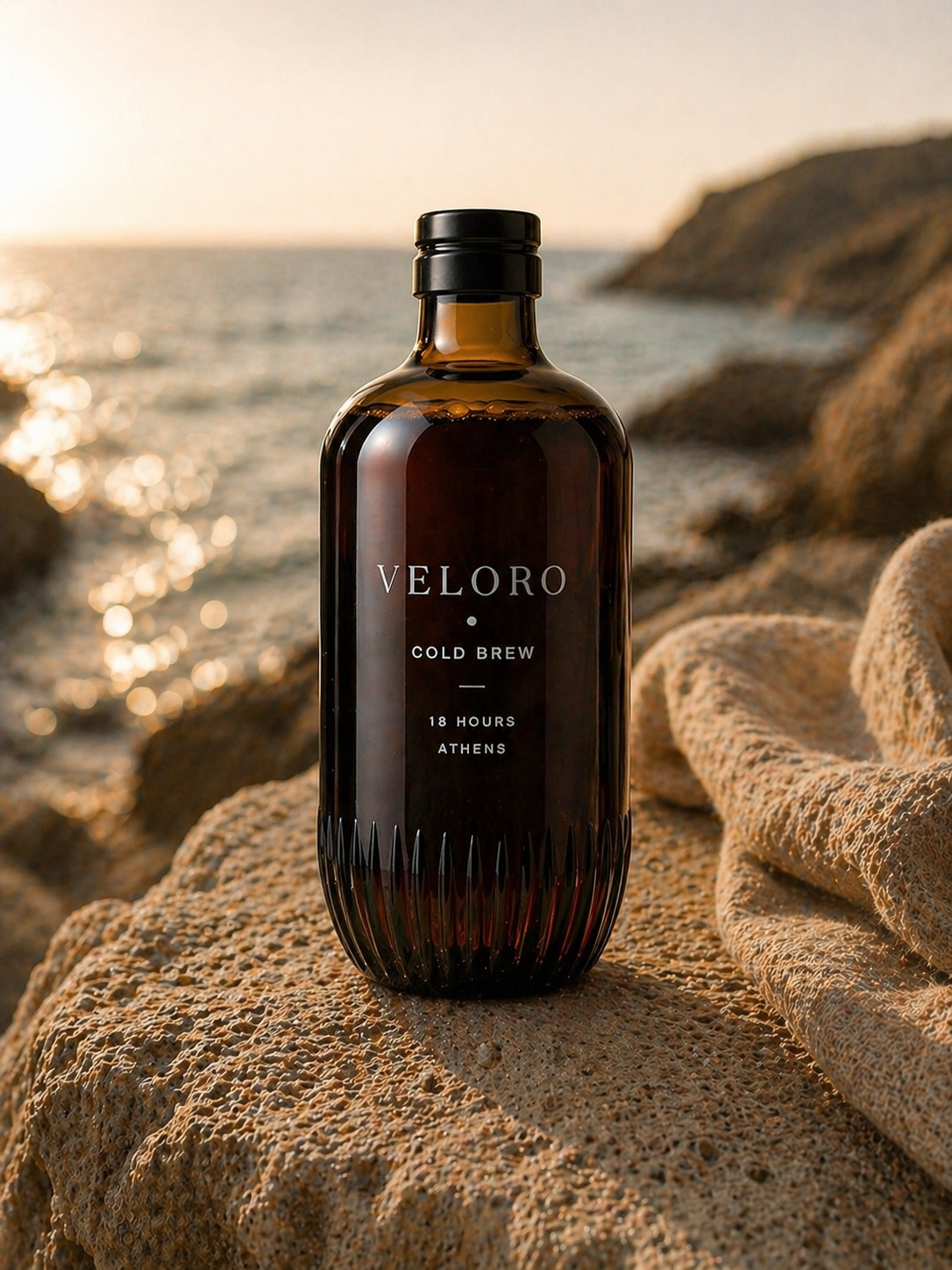 VELORO bottle on a sunlit Mediterranean coastline